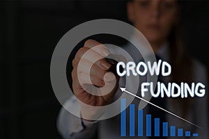 Writing note showing Crowd Funding. Business photo showcasing Fundraising Kickstarter Startup Pledge Platform Donations