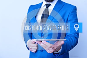 Writing note showing Customer Service Skills. Business photo showcasing Aptitude to master to improve dealings with