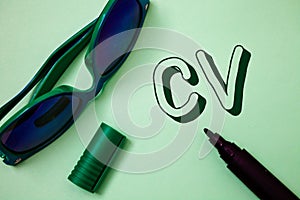 Writing note showing Cv. Business photo showcasing Curriculum Vitae Resume Infographics Job Searching Employee Recruitment Ideas