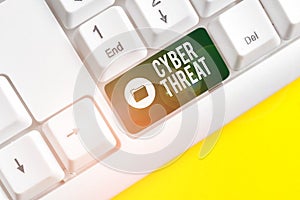 Writing note showing Cyber Threat. Business photo showcasing has a potential to cause serious harm to a computer system