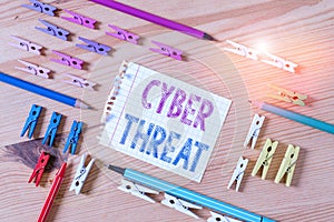 Writing note showing Cyber Threat. Business photo showcasing has a potential to cause serious harm to a computer system Colored