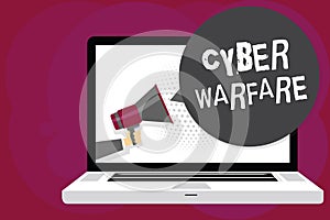 Writing note showing Cyber Warfare. Business photo showcasing Virtual War Hackers System Attacks Digital Thief Stalker Man holding