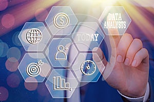 Writing note showing Data Analysts. Business photo showcasing Programmer Design and Create Report Identifies patterns