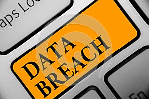 Writing note showing Data Breach. Business photo showcasing security incident where sensitive protected information copied Keyboar