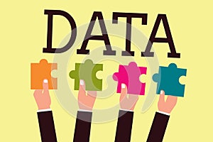 Writing note showing Data. Business photo showcasing Piece of information Facts and statistics collected as reference