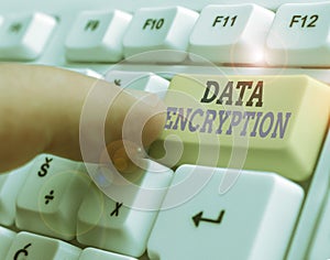 Writing note showing Data Encryption. Business photo showcasing Conversion of data into code for compression or security