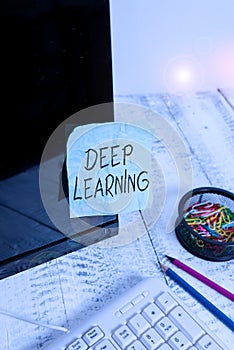 Writing note showing Deep Learning. Business photo showcasing the collection of algorithms used in machine learning Note paper