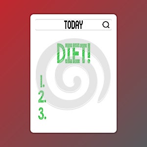 Writing note showing Diet. Business photo showcasing Dietitians create meal plans to adopt and maintain healthy eating.