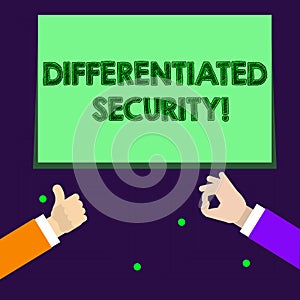 Writing note showing Differentiated Security. Business photo showcasing deploys different policies according to identity