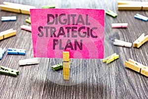 Writing note showing Digital Strategic Plan. Business photo showcasing creat schedule for marketing product or brand Multiple clip