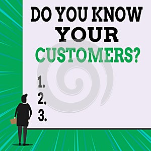 Writing note showing Do You Know Your Customers question. Business photo showcasing asking to identify a customer s is