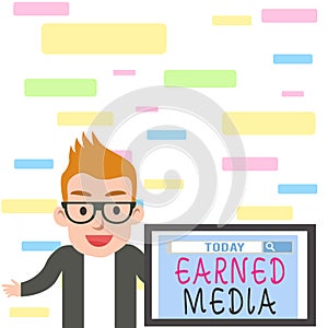 Writing note showing Earned Media. Business photo showcasing Publicity gained through promotional efforts by multimedia