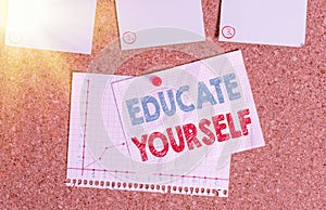 Writing note showing Educate Yourself. Business photo showcasing prepare oneself or someone in a particular area or subject