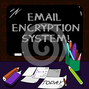 Writing note showing Email Encryption System. Business photo showcasing Authentication mechanism of an email message Mounted