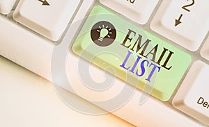 Writing note showing Email List. Business photo showcasing widespread distribution of information to many Internet users