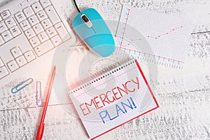 Writing note showing Emergency Plan. Business photo showcasing actions developed to mitigate damage of potential events