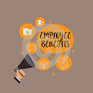 Writing note showing Employee Benefits. Business photo showcasing Indirect and noncash compensation paid to an employee photo