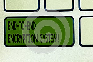 Writing note showing End To End Encryption System. Business photo showcasing method used for securing encrypted data