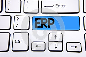 Writing note showing Erp. Business photo showcasing Enterprise resource planning with automate back office functions written on Bl