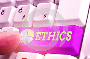 Writing note showing Ethics. Business photo showcasing the moral philosophy or code of morals practiced by a demonstrating