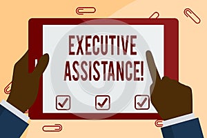 Writing note showing Executive Assistance. Business photo showcasing focus on providing highlevel administrative support