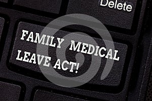 Writing note showing Family Medical Leave Act. Business photo showcasing FMLA labor law covering employees and families