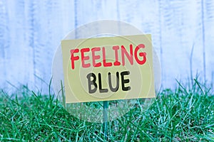 Writing note showing Feeling Blue. Business photo showcasing Feeling of desperation because of sadness or missing