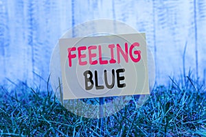 Writing note showing Feeling Blue. Business photo showcasing Feeling of desperation because of sadness or missing