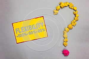 Writing note showing Flexibility 100 90 80. Business photo showcasing How much flexible you are maleability level Red bordered yel