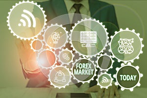 Writing note showing Forex Market. Business photo showcasing marketplace that defines the exchange rate of global
