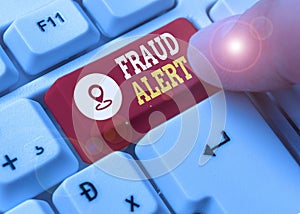 Writing note showing Fraud Alert. Business photo showcasing security alert placed on credit card account for stolen identity