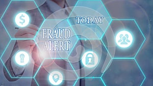 Writing note showing Fraud Alert. Business photo showcasing security alert placed on credit card account for stolen identity photo