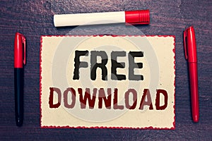 Writing note showing Free Download. Business photo showcasing Key in Transfigure Initialize Freebies Wireless Images Open notebook photo