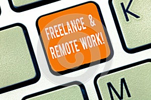 Writing note showing Freelance And Remote Work. Business photo showcasing Independent working modern online type of job