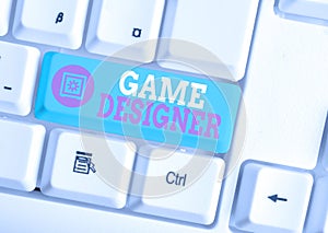 Writing note showing Game Designer. Business photo showcasing Campaigner Pixel Scripting Programmers Consoles 3D