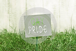 Writing note showing Gay Pride. Business photo showcasing Dignity of an idividual that belongs to either a analysis or