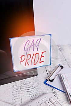 Writing note showing Gay Pride. Business photo showcasing Dignity of an idividual that belongs to either a analysis or