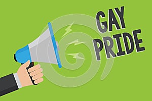 Writing note showing Gay Pride. Business photo showcasing Dignity of an idividual that belongs to either a man or woman Man holdin