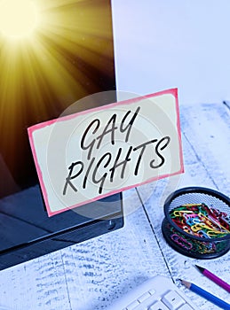 Writing note showing Gay Rights. Business photo showcasing equal civil and social rights for homosexuals individuals Note paper