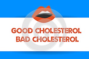 Writing note showing Good Cholesterol Bad Cholesterol. Business photo showcasing Fats in the blood come from the food we eat