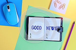 Writing note showing Good News. Business photo showcasing Someone or something positive Encouraging uplifting or desirable Locked