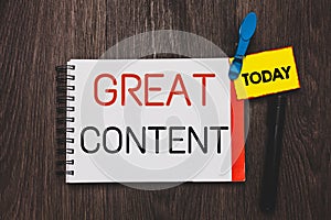 Writing note showing Great Content. Business photo showcasing Satisfaction Motivational Readable Applicable Originality