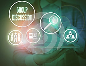 Writing note showing Group Discussion. Business photo showcasing gather either formally or informally to bring up ideas.