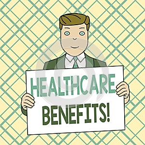 Writing note showing Healthcare Benefits. Business photo showcasing monthly fair market valueprovided to Employee