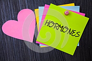 Writing note showing Hormones. Business photo showcasing Regulatory substance produced in an organism to stimulate cells Papers h