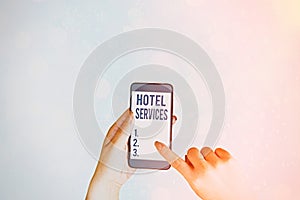 Writing note showing Hotel Services. Business photo showcasing Facilities Amenities of an accommodation and lodging house