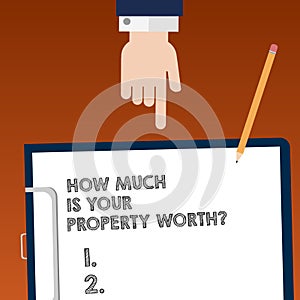 Writing note showing How Much Is Your Property Worthquestion. Business photo showcasing Establish the price of