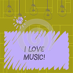 Writing note showing I Love Music. Business photo showcasing Having affection for good sounds lyric singers musicians.