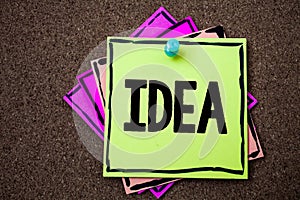 Writing note showing Idea. Business photo showcasing Creative Innovative Thinking Imagination Design Planning Solutions Papers id