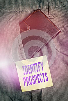 Writing note showing Identify Prospects. Business photo showcasing Possible client Ideal Customer Prospective Donors Small wallet